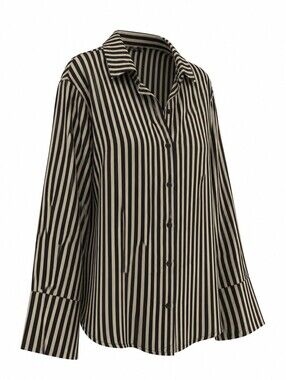 Etiquette Women's Black Cream Striped Button-Down Blouse Large Silky Classic